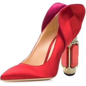 imageFSJ Women Graceful Satin Pumps Pointed Toe Crystal Chunky Block High Heels Slip On Curly Back Wedding Dress Evening Shoes Size 416 USRed Floral
