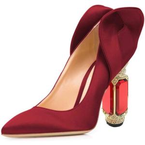 imageFSJ Women Graceful Satin Pumps Pointed Toe Crystal Chunky Block High Heels Slip On Curly Back Wedding Dress Evening Shoes Size 416 USWine Red