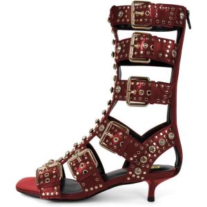 imageFSJ Women Rhinestone Calf High Strappy Gladiator Sandal Low Kitten Heel Open Toe Cutout Buckles Back Zipper Comfortable Fashion Street Dress Shoes Size 416 USRed