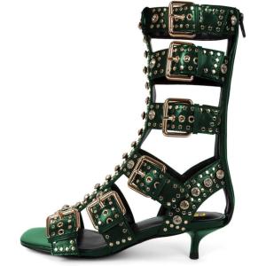 imageFSJ Women Rhinestone Calf High Strappy Gladiator Sandal Low Kitten Heel Open Toe Cutout Buckles Back Zipper Comfortable Fashion Street Dress Shoes Size 416 USGreen