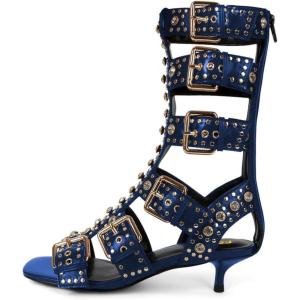 imageFSJ Women Rhinestone Calf High Strappy Gladiator Sandal Low Kitten Heel Open Toe Cutout Buckles Back Zipper Comfortable Fashion Street Dress Shoes Size 416 USBlue