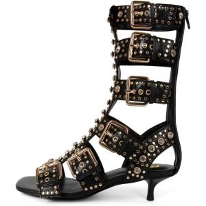 imageFSJ Women Rhinestone Calf High Strappy Gladiator Sandal Low Kitten Heel Open Toe Cutout Buckles Back Zipper Comfortable Fashion Street Dress Shoes Size 416 USBlack