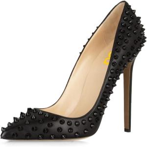 imageFSJ Women Sexy Studded Rivets Stiletto High Heel Pumps Classic Closed Pointed Toe Slip On Basic Spikes Shoes for Party Size 415 USBlack Matte