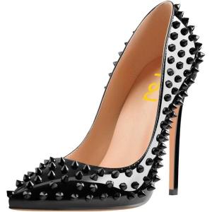 imageFSJ Women Sexy Studded Rivets Stiletto High Heel Pumps Classic Closed Pointed Toe Slip On Basic Spikes Shoes for Party Size 415 USBlack Patent