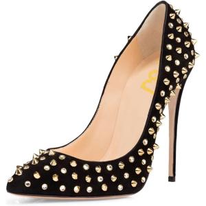 imageFSJ Women Sexy Studded Rivets Stiletto High Heel Pumps Classic Closed Pointed Toe Slip On Basic Spikes Shoes for Party Size 415 USBlack Suede