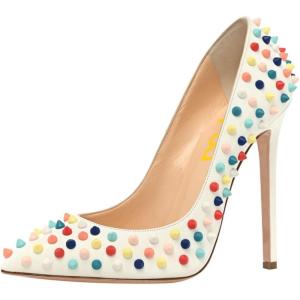 imageFSJ Women Sexy Studded Rivets Stiletto High Heel Pumps Classic Closed Pointed Toe Slip On Basic Spikes Shoes for Party Size 415 USCreammulticolor