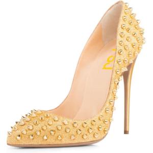imageFSJ Women Sexy Studded Rivets Stiletto High Heel Pumps Classic Closed Pointed Toe Slip On Basic Spikes Shoes for Party Size 415 USGold