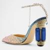 imageFSJ Women Bridal Heeled Sandals Pointy Toe Crystal Chain Ankle Strap Pumps Luxury Rhinestone Embellished Chunky Heels Wedding Party Dress Shoes Size 416 USPink Blue Rhinestones