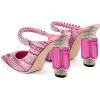 imageFSJ Women Crystal Chunky Heeled Mules Wedding Sandals Rhinestone Strappy Pumps Pointed Toe Fashion Slippers Slip On Bridal Shoes Size 415 USPink Rhinestones