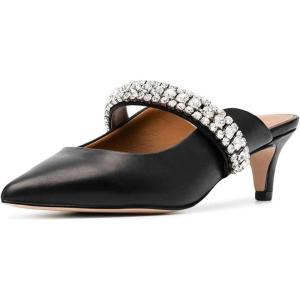 imageFSJ Pointed Toe Mid Heels Mules Rhinestones Crystals Studded Strap Slip On Sandals for Women Wedding Formal Party Shoes Size 415 USBlack