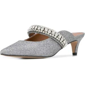 imageFSJ Pointed Toe Mid Heels Mules Rhinestones Crystals Studded Strap Slip On Sandals for Women Wedding Formal Party Shoes Size 415 USSilver
