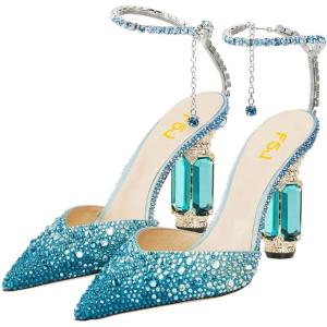 imageFSJ Women Bridal Heeled Sandals Pointy Toe Crystal Chain Ankle Strap Pumps Luxury Rhinestone Embellished Chunky Heels Wedding Party Dress Shoes Size 416 USBlue