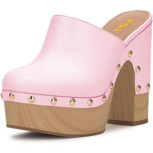 imageFSJ Women Closed Round Toe Mules High Chunky Heeled Sandals Slip On Platform Wooden Clogs Studs Comfy Dress Shoes Size 416 USPink