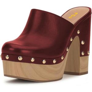 imageFSJ Women Closed Round Toe Mules High Chunky Heeled Sandals Slip On Platform Wooden Clogs Studs Comfy Dress Shoes Size 416 USRed