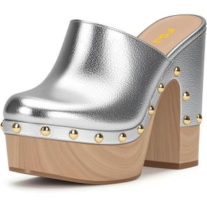 imageFSJ Women Closed Round Toe Mules High Chunky Heeled Sandals Slip On Platform Wooden Clogs Studs Comfy Dress Shoes Size 416 USSilver