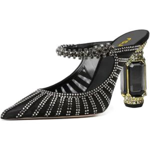 imageFSJ Women Crystal Chunky Heeled Mules Wedding Sandals Rhinestone Strappy Pumps Pointed Toe Fashion Slippers Slip On Bridal Shoes Size 415 USBlack Mesh Rhinestones