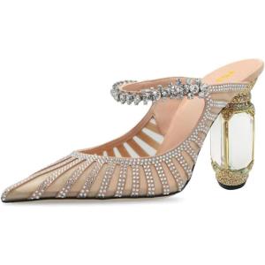 imageFSJ Women Crystal Chunky Heeled Mules Wedding Sandals Rhinestone Strappy Pumps Pointed Toe Fashion Slippers Slip On Bridal Shoes Size 415 USNude Mesh Rhinestones