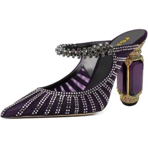 imageFSJ Women Crystal Chunky Heeled Mules Wedding Sandals Rhinestone Strappy Pumps Pointed Toe Fashion Slippers Slip On Bridal Shoes Size 415 USPurple Mesh Rhinestones