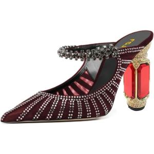 imageFSJ Women Crystal Chunky Heeled Mules Wedding Sandals Rhinestone Strappy Pumps Pointed Toe Fashion Slippers Slip On Bridal Shoes Size 415 USRed Mesh Rhinestones