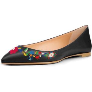 imageFSJ Women Fresh Floral Printed Flat Pumps Pointed Toe Slip On Party Dress Shoe for Comfort Casual Outfits 415 USBlack Flower
