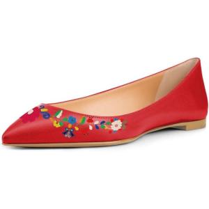 imageFSJ Women Fresh Floral Printed Flat Pumps Pointed Toe Slip On Party Dress Shoe for Comfort Casual Outfits 415 USRed Flower