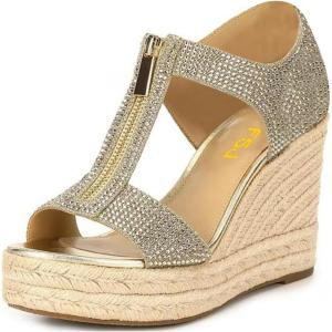 imageFSJ Women Open Toe TStrap Front Zipper Espadrilles Wedge Sandals Platform Caged Cutout Casual Comfortable Summer Shoes Size 416 USRhinestone