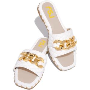 imageFSJ Women Sexy Square Open Toe Comfortable Flat Thick Sole Cushion Sandals Fashion Gold Chain Style Slip On Slides Studded Daily Ladies Summer Shoes Size 415 USWhite