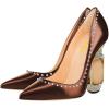imageFSJ Women Bridal Pointed Toe Chunky Block High Heel Crystal Pumps Slip on Wedding Thick Comfort Evening Dress Studded Rivets Shoes Size 416 USBrown Matte Leather