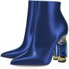imageFSJ Women Chic Pointed Toe Crystal Chunky Block High Heel Ankle Boots Glossy Side Zipper Casual Daily Fashion Ladies Fall Shoes Size 415 USBlue