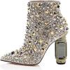 imageFSJ Women Chic Pointed Toe Crystal Chunky Block High Heel Ankle Boots Glossy Side Zipper Casual Daily Fashion Ladies Fall Shoes Size 415 USSilver Rivets