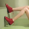 imageFSJ Women Peep Open Toe Boots Slouchy Low Block Heel Ankle Booties Flats Sandal Ruched Cutout Zipper Comfort Pump Shoes Size 415 USRed