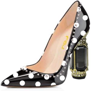 imageFSJ Women Bridal Pointed Toe Chunky Block High Heel Crystal Pumps Slip on Wedding Thick Comfort Evening Dress Studded Rivets Shoes Size 416 USBlack and White Polka Dots
