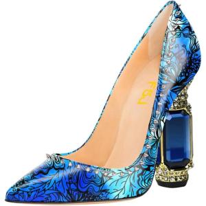 imageFSJ Women Bridal Pointed Toe Chunky Block High Heel Crystal Pumps Slip on Wedding Thick Comfort Evening Dress Studded Rivets Shoes Size 416 USBlue Lines
