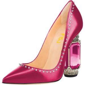 imageFSJ Women Bridal Pointed Toe Chunky Block High Heel Crystal Pumps Slip on Wedding Thick Comfort Evening Dress Studded Rivets Shoes Size 416 USPink Matte Leather