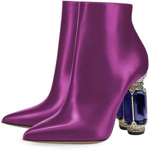 imageFSJ Women Chic Pointed Toe Crystal Chunky Block High Heel Ankle Boots Glossy Side Zipper Casual Daily Fashion Ladies Fall Shoes Size 415 USPurple