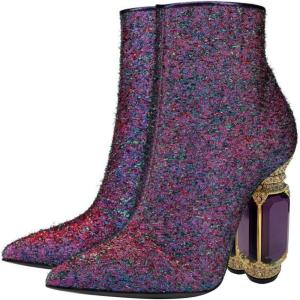 imageFSJ Women Chic Pointed Toe Crystal Chunky Block High Heel Ankle Boots Glossy Side Zipper Casual Daily Fashion Ladies Fall Shoes Size 415 USPurple Special