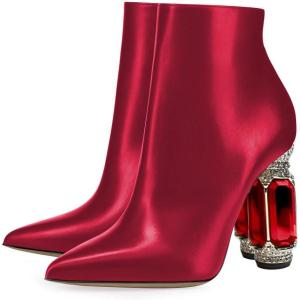 imageFSJ Women Chic Pointed Toe Crystal Chunky Block High Heel Ankle Boots Glossy Side Zipper Casual Daily Fashion Ladies Fall Shoes Size 415 USRed