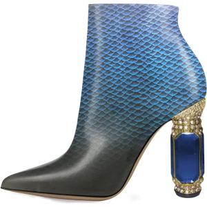 imageFSJ Women Chic Pointed Toe Crystal Chunky Block High Heel Ankle Boots Glossy Side Zipper Casual Daily Fashion Ladies Fall Shoes Size 415 USScale