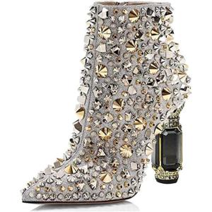 imageFSJ Women Chic Pointed Toe Crystal Chunky Block High Heel Ankle Boots Glossy Side Zipper Casual Daily Fashion Ladies Fall Shoes Size 415 USSilver Rivets