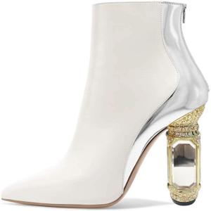 imageFSJ Women Chic Pointed Toe Crystal Chunky Block High Heel Ankle Boots Glossy Side Zipper Casual Daily Fashion Ladies Fall Shoes Size 415 USWhite