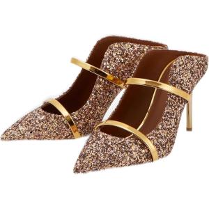 imageFSJ Women Fashion Pointy Toe Mules Sandals High Heels Pumps Double Straps Slide Sandals Casual Summer Outfit Shoes Size 415 M USChampagne Glitter