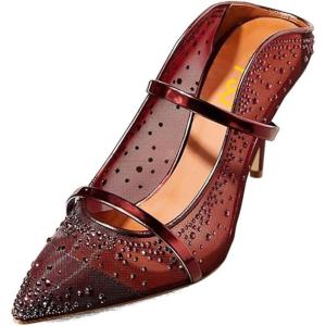 imageFSJ Women Fashion Pointy Toe Mules Sandals High Heels Pumps Double Straps Slide Sandals Casual Summer Outfit Shoes Size 415 M USWine Mesh