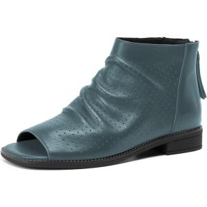 imageFSJ Women Peep Open Toe Boots Slouchy Low Block Heel Ankle Booties Flats Sandal Ruched Cutout Zipper Comfort Pump Shoes Size 415 USCyan