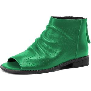 imageFSJ Women Peep Open Toe Boots Slouchy Low Block Heel Ankle Booties Flats Sandal Ruched Cutout Zipper Comfort Pump Shoes Size 415 USGreen