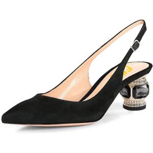 imageFSJ Women Pointed Toe Slingback Wedding Pumps Chunky Low Heel Rhinestone Sandals Crystal Heeled Dress Shoes Size 415 M USBlacksuede