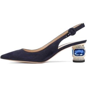 imageFSJ Women Pointed Toe Slingback Wedding Pumps Chunky Low Heel Rhinestone Sandals Crystal Heeled Dress Shoes Size 415 M USBlue Suede