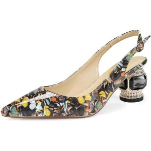 imageFSJ Women Pointed Toe Slingback Wedding Pumps Chunky Low Heel Rhinestone Sandals Crystal Heeled Dress Shoes Size 415 M USButterfly