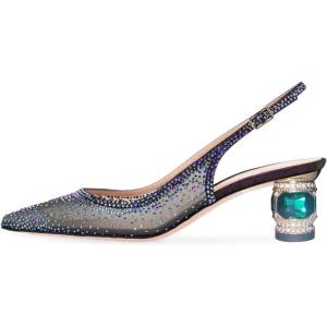 imageFSJ Women Pointed Toe Slingback Wedding Pumps Chunky Low Heel Rhinestone Sandals Crystal Heeled Dress Shoes Size 415 M USDark Purple