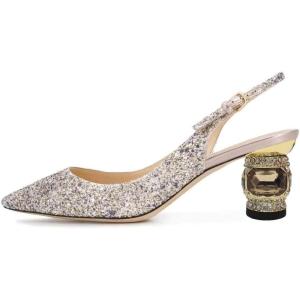 imageFSJ Women Pointed Toe Slingback Wedding Pumps Chunky Low Heel Rhinestone Sandals Crystal Heeled Dress Shoes Size 415 M USGold Multi Glitter