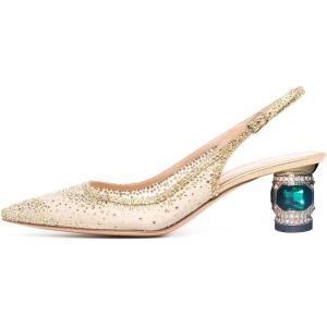 imageFSJ Women Pointed Toe Slingback Wedding Pumps Chunky Low Heel Rhinestone Sandals Crystal Heeled Dress Shoes Size 415 M USGold Studded